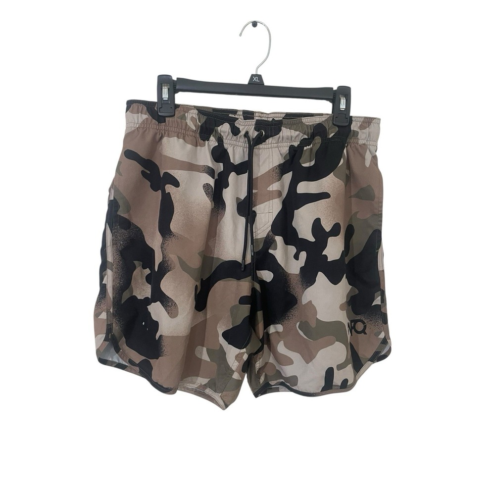 NFQ Men's XL Camo Gym Shorts Split Hem Running Drawstring Unlined 6"